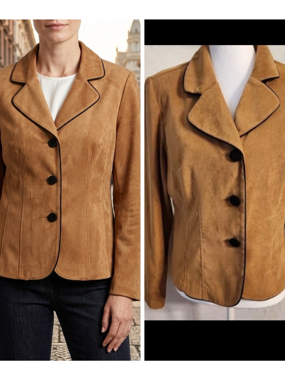 Studio I Tan Faux Suede Blazer Jacket Office Size 10 Button Front Career Work